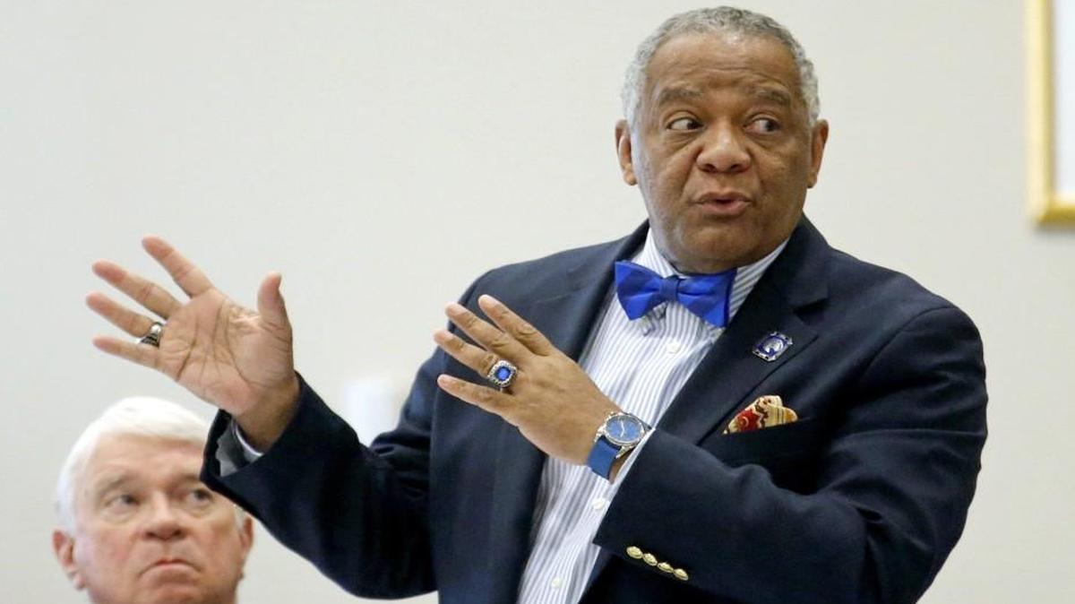 James Anderson, chancellor of Fayetteville State University, right, raises his concerns about the NCGAP program on March 3. The NCGAP program proposes sending some UNC system applicants to community colleges for the first two years of their college education.