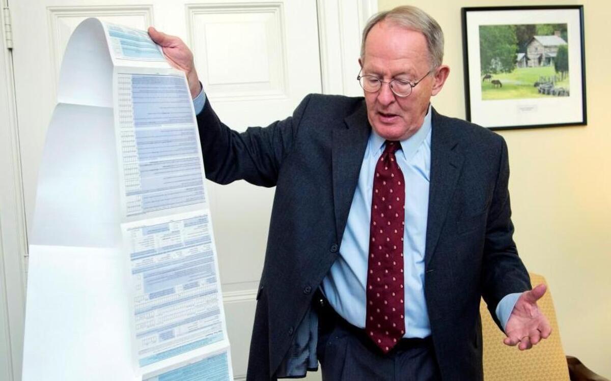
This Nov. 14, 2014, photo, shows Sen. Lamar Alexander, R-Tenn., holding the Free Application for Federal Student Aid (FAFSA) form, during an interview on Capitol Hill in Washington. 
