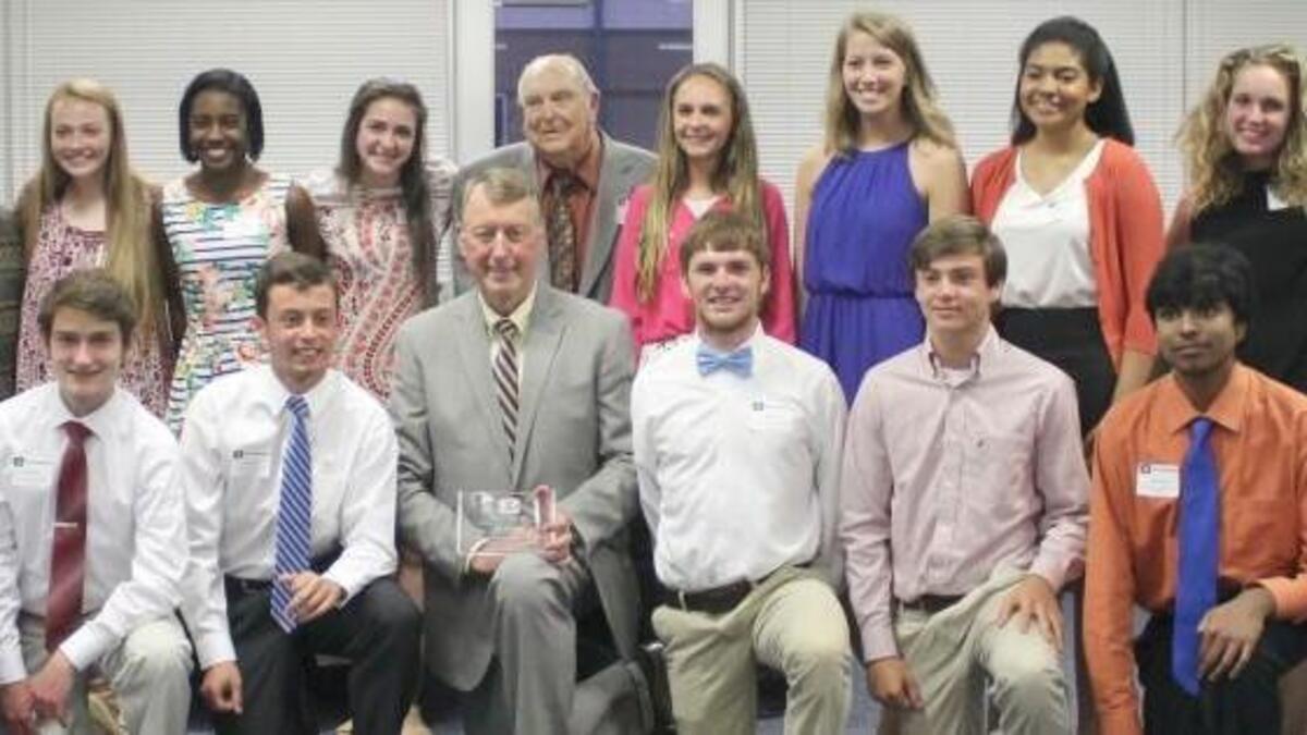 Cleveland High students stand with the inaugural inductees at the Hall of Fame ceremony. Shown are, from left: front row – Orlanzel Washington, Fransisco Avila, Harrison Allen, Garrett Lee, Bob Etheridge, Lawson Lamm, Hunter Lee, Abinav Katuru, Asav Gandhi and Dylan Bradford; and back row – Maya Palmer, Julia Adams, Walli Driggers, Margaret Maron, Rachel Williams, Jasmine Stancil, Hannah Adams, Bruce Coats, Kendall Lamm, Hannah Neville, Zhandra Sanchez, Rylan Souders, Michelle Cottle and Bijul Ambelal.