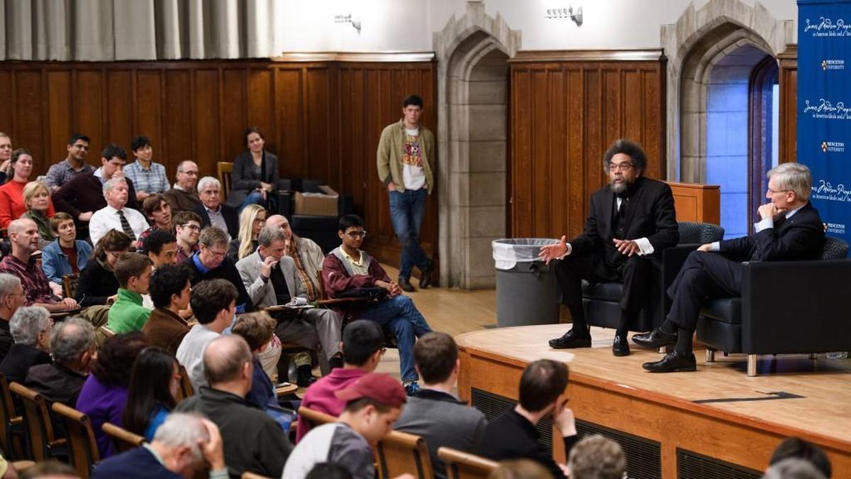Robert George, right, and Cornel West at a James Madison public event at Princeton University in 2016.