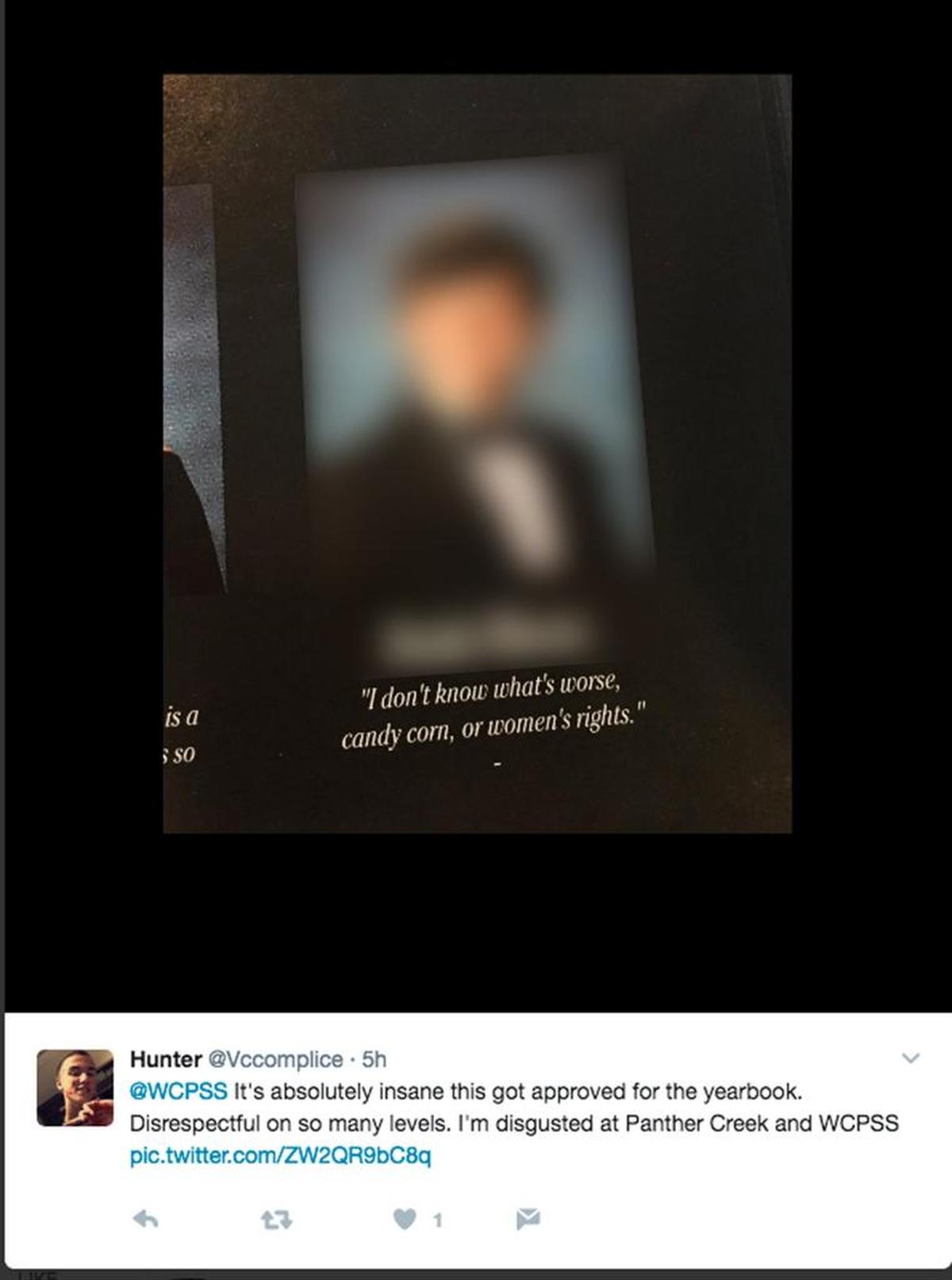 A Twitter post about a Panther Creek High School yearbook senior quote. The school's principal has apologized for the quote. The photograph was digitally blurred to obscure the student's face and name.