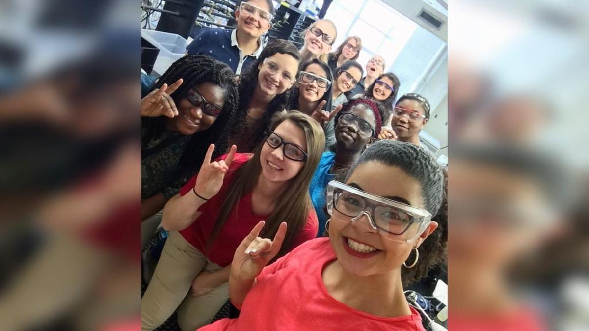 Sydney Floryanzia, in goggles in the foreground, with a group from Apex High School that visited NCSU labs with members of the university’s Women In Science and Engineering Program. The high school’s Society of Women Engineers, founded by Floryanzia, visited a lab where they learned about how recycled paper is made from pulp.