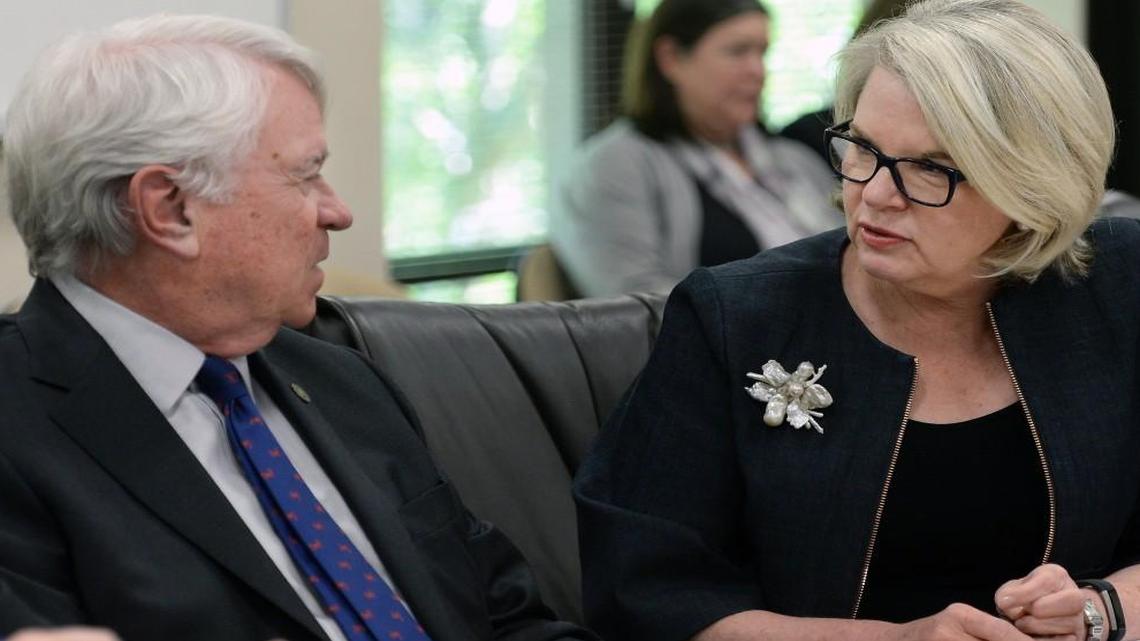 Chairman of the UNC Board of Governors Lou Bissette and UNC President Margaret Spellings in a 2016 photo.