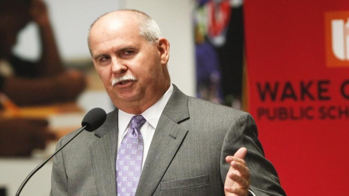 Wake County School Superintendent, Dr. Jim Merrill speaks with reporters during a press conference at the at Wake County Public School System's Central Services building in Cary Thursday, August 1, 2013.