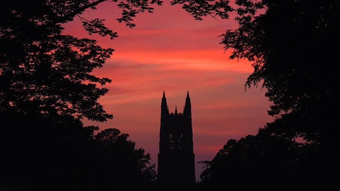 Sunset behind Duke Chapel on the campus of Duke University in Durham on June 10, 2015.