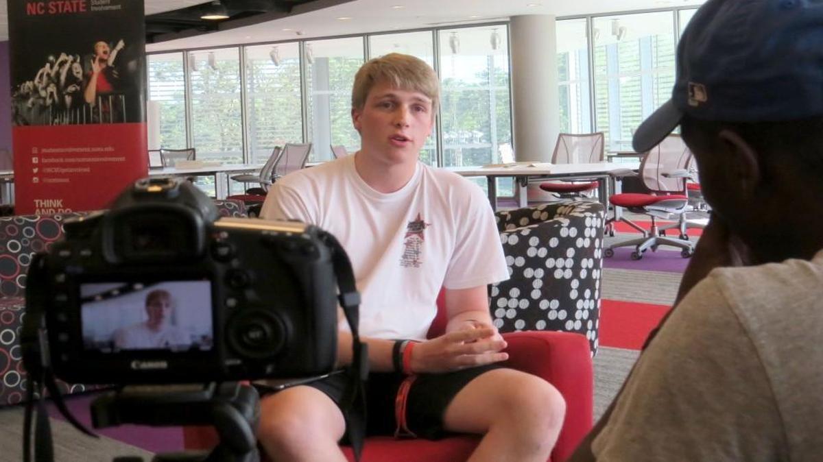 N.C. State University senior Jordan Cousins is interviewed at Talley Student Center on Monday, August 22, 2016, for a documentary on DKMS’s efforts to provide bone marrow and stem cell donors to help fight blood cancer.