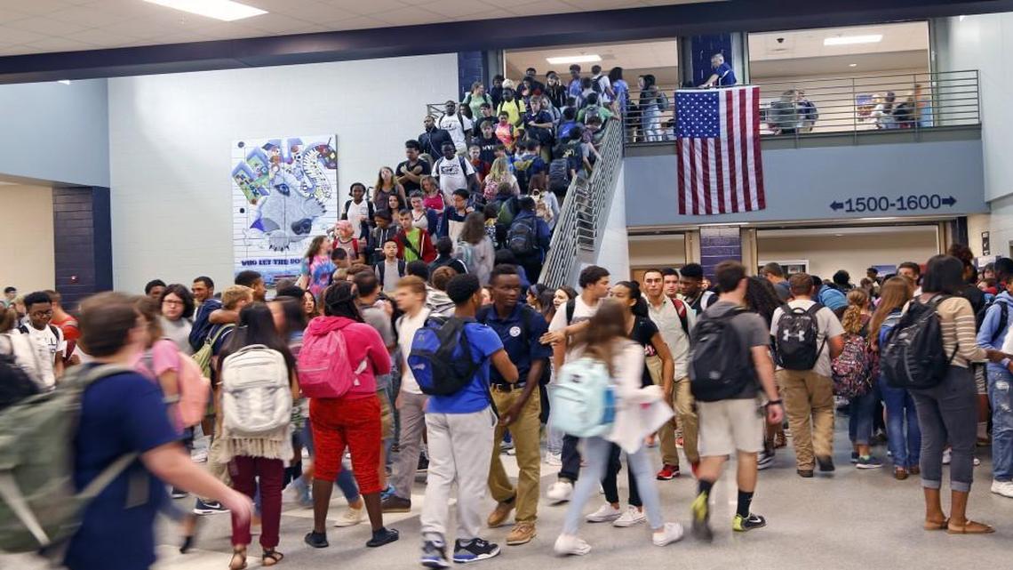 Students crowd a stairway as classes change at Heritage High School in Wake Forest NC on Sept. 10, 2015. Wake County presented a proposed assignment plan and one part of the plan is to reassign part of Heritage High School's students to Rolesville High Schools. Many parents are upset. One of the reasons the school system needs to do this is because Heritage is overcrowded.