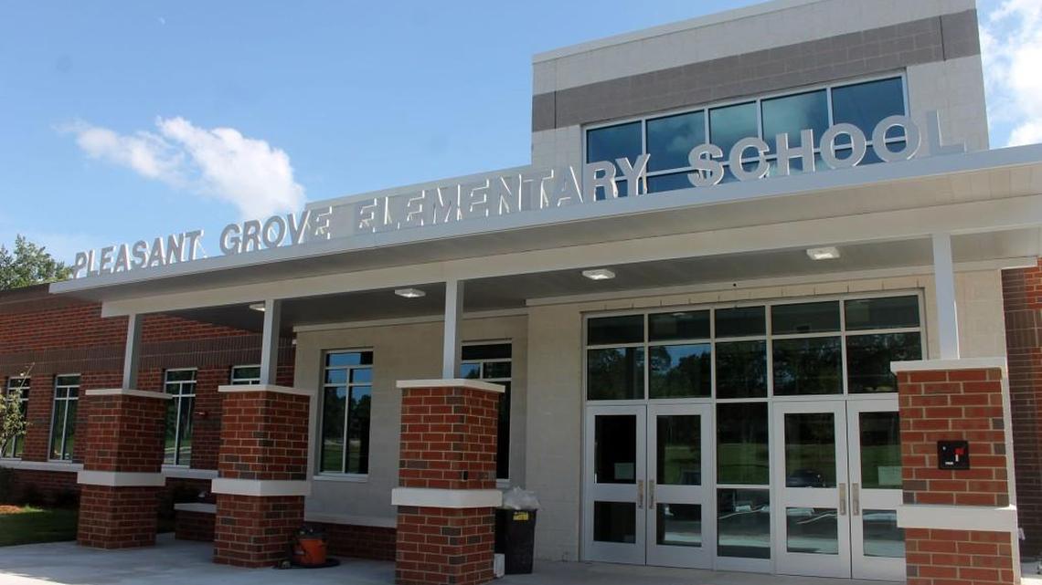 The front entrance to Pleasant Grove Elementary School in Cary. It’s among 11 year-round schools that could be converted to a different calendar in 2028.