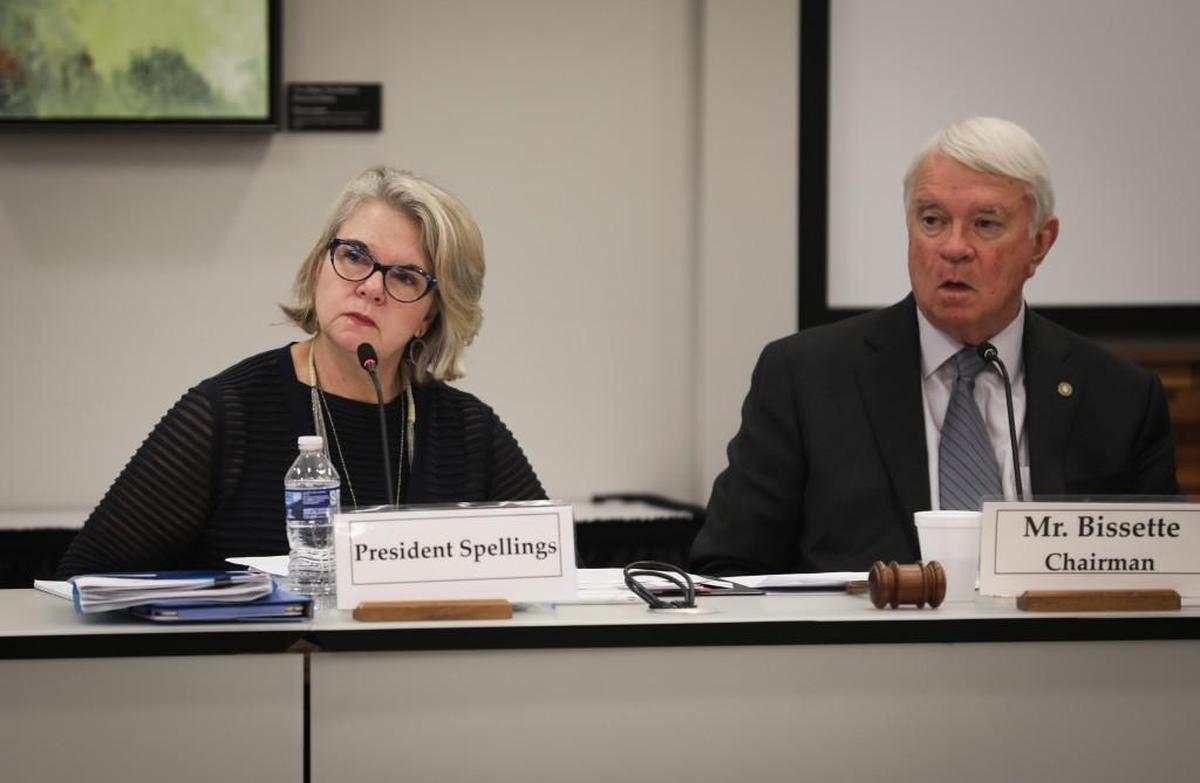 UNC System President Margaret Spellings, left, and UNC Board of Governors Chairman Louis Bissette, listen to board member Tom Fetzer propose a resolution to reduce tuition and fees during a meeting held Thursday, Sept. 7, 2017 in Chapel Hill.
