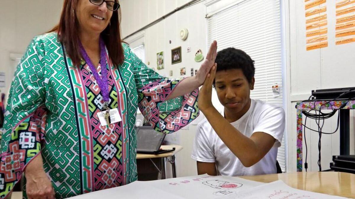 Lowe's Grove Middle School AIG teacher Jenny Duvall congratulates one of her 8th grade STEM students, Julius Borunda on his rendition of symbols of activity in the human brain during class.