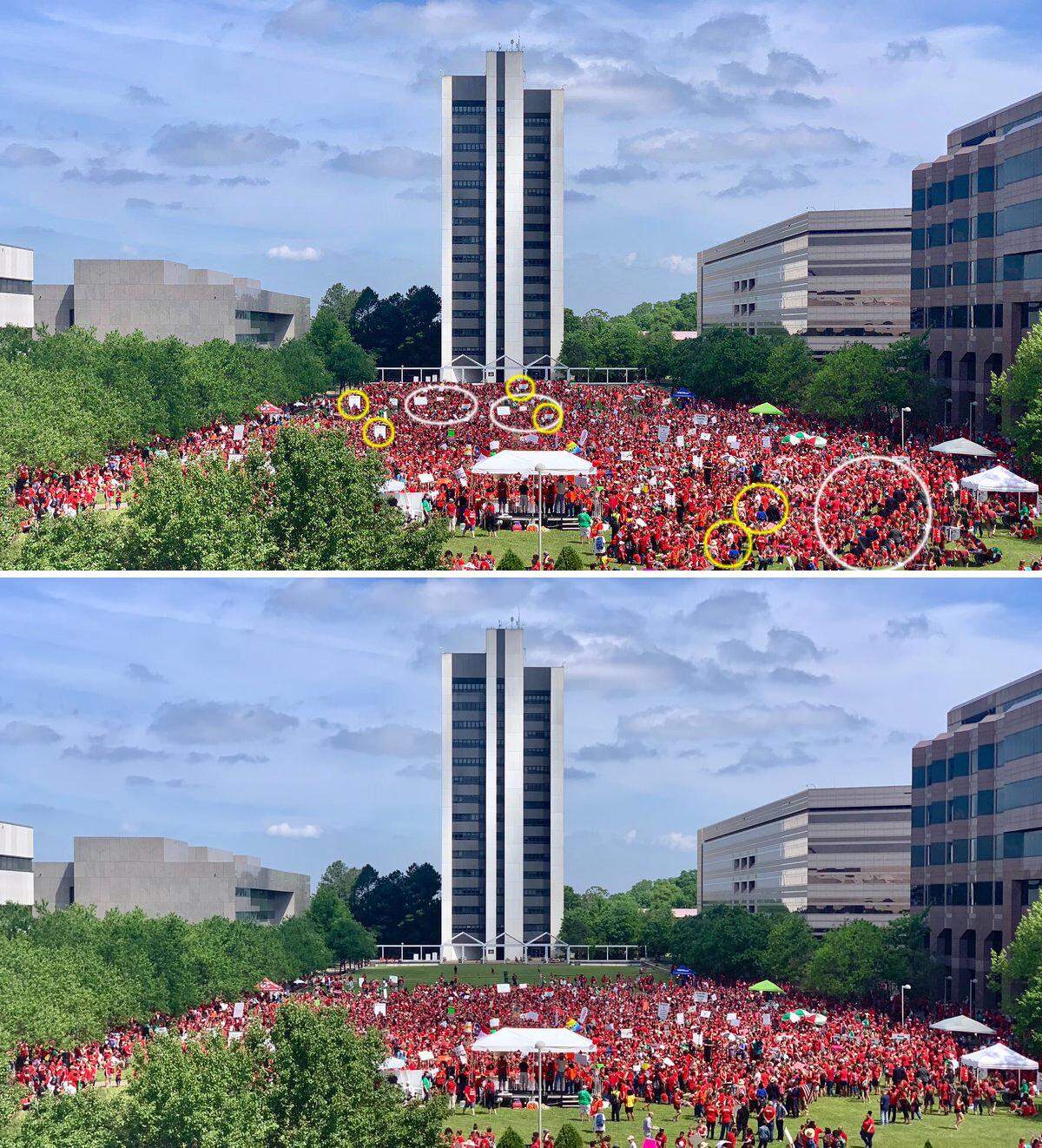 A viral photo on social media from the teacher’s march in Raleigh in May 1, 2019, top, purportedly shows a packed crowd on Halifax Mall during the rally. The added circles highlight areas of the image that have been cloned in a photoshop-type application. The original image, taken by Rep. Grier Martin at 11:46 a.m., shows the true size of the crowd. Martin tweeted his image, but did not alter it or give the original to anyone to alter.