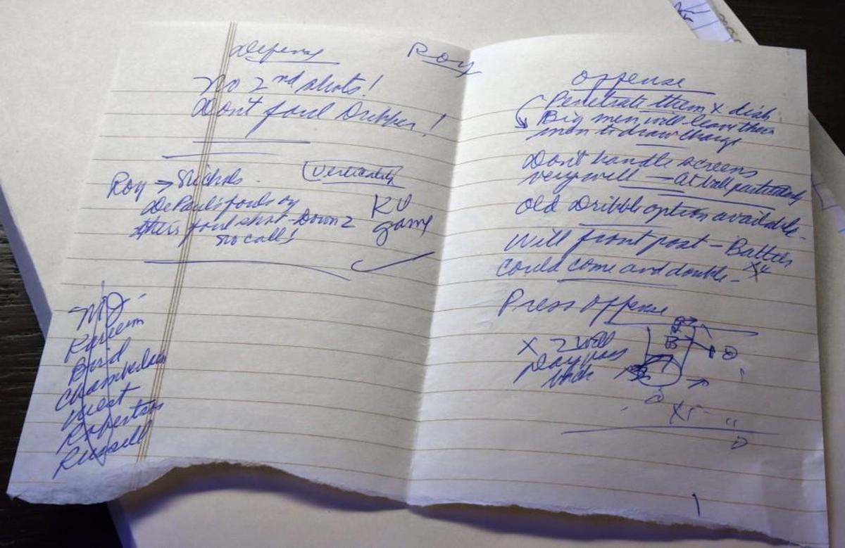 A hand-written note to current UNC head Coach Roy Williams from forner coach Dean Smith is part of the over 12,000 personal records donated to UNC-Chapel Hill libraries Thursday, Nov. 30, 2017. The gift from the Smith family contains correspondence, newspaper clippings, photographs, books and more. Library archivists recommend those who want to see the collection make an appointment via email.
