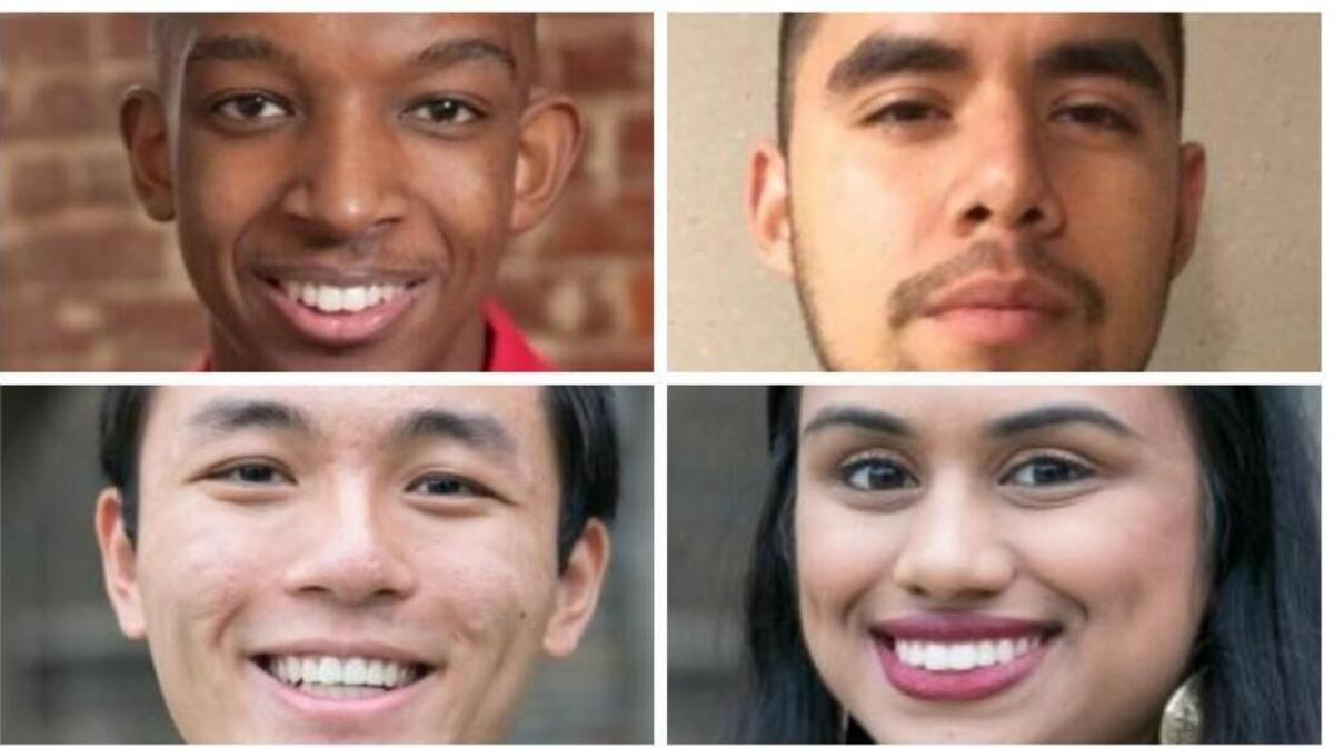 2018 Marshall Scholarship recipients, clockwise from top left: Kobi Felton, North Carolina State University; Antonio Lopez, Duke University; Meghana Vagwala, Duke University and John Lu, Duke University.
