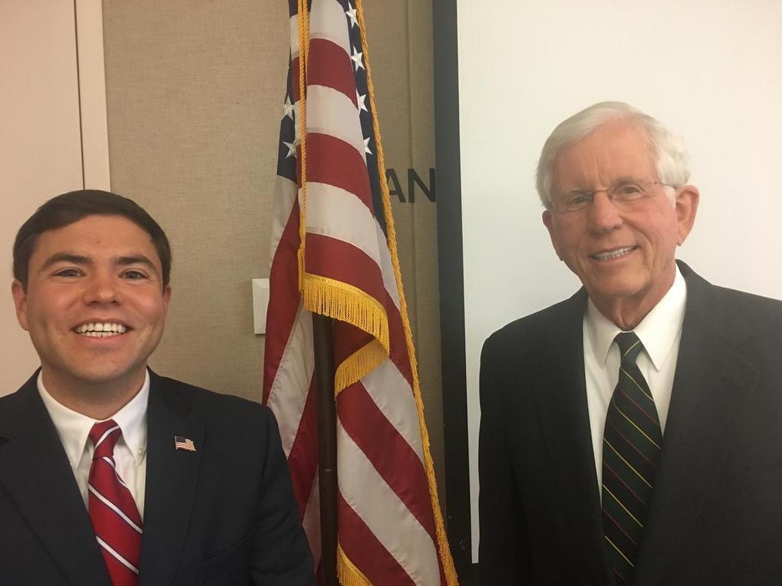 State Schools Superintendent Mark Johnson and State Board of Education Chairman Bill Cobey pose for a picture at the State Board meeting in August.