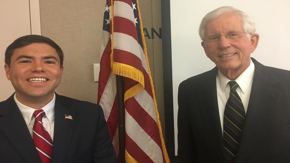 State Schools Superintendent Mark Johnson and State Board of Education Chairman Bill Cobey pose for a picture at the State Board meeting in August.