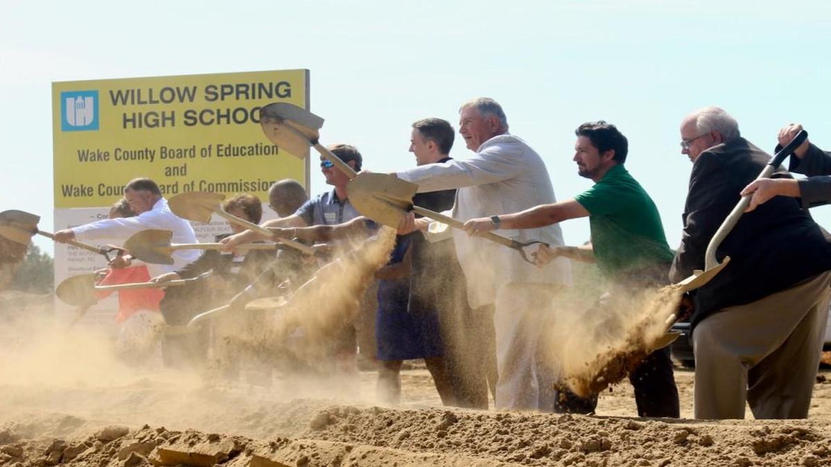 Wake County and Fuquay-Varina officials grabbed shovels on Thursday, June 29, 2017, to take a ceremonial scoop of dirt, marking the beginning of Willow Spring High School’s construction.