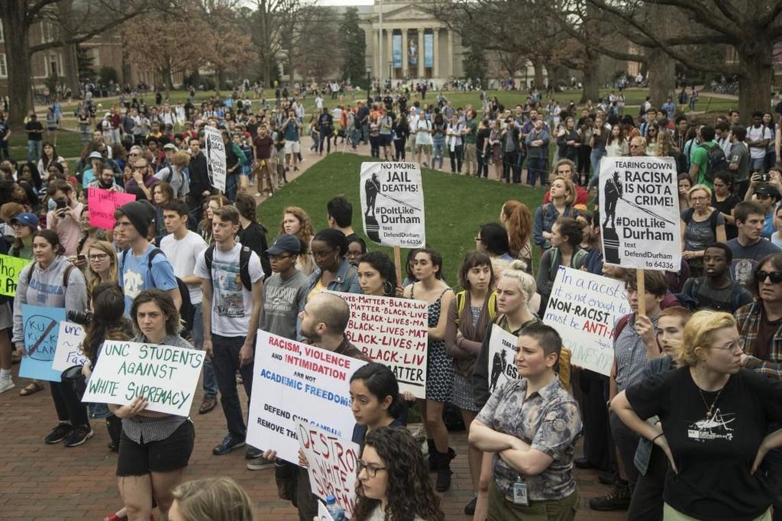 Demonstrators rally Wednesday, February 21, 2018 at UNC-Chapel Hill after university officials warned of possible trouble on campus as rumors swirled of a white nationalist rally planned for Wednesday.