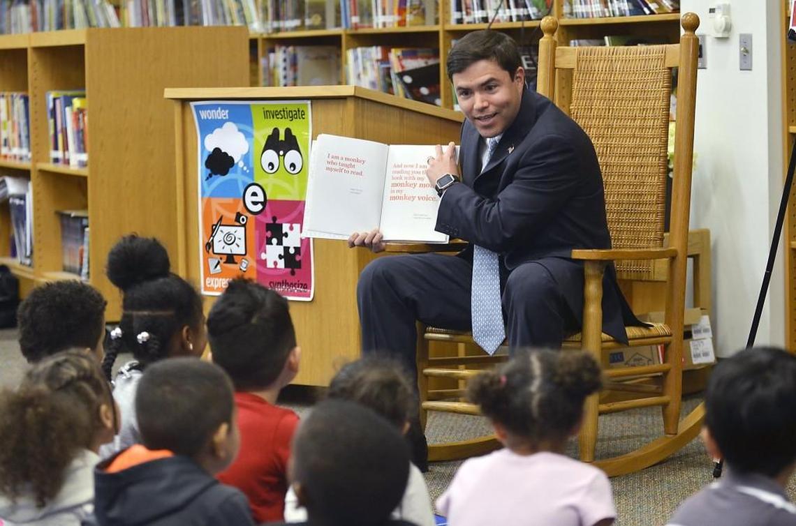 N.C. Schools Superintendent Mark Johnson reads a book to kindergartners during his visit at East Garner Elementary School in Garner, N.C., on April 3, 2017.