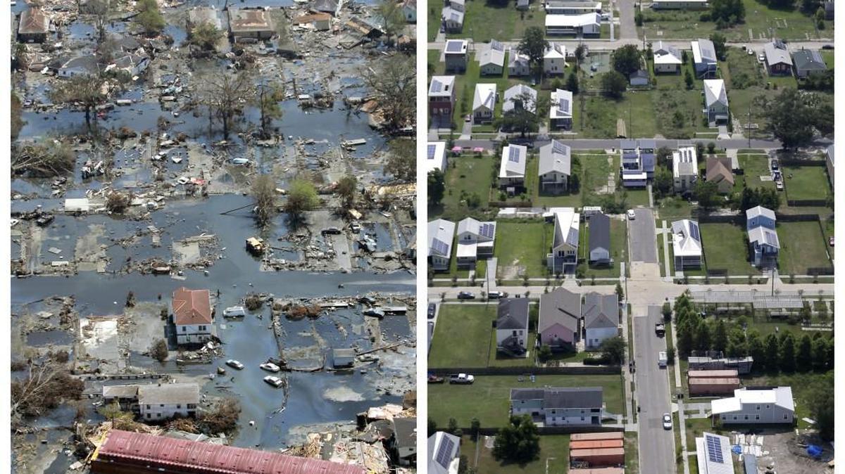
This combination of Sept. 11, 2005 and July 29, 2015 aerial photos show the Lower Ninth Ward of New Orleans flooded by Hurricane Katrina and the same area a decade later. Before Katrina, the Lower Ninth Ward was a working-class and predominantly African-American neighborhood just outside the city's historic center.
