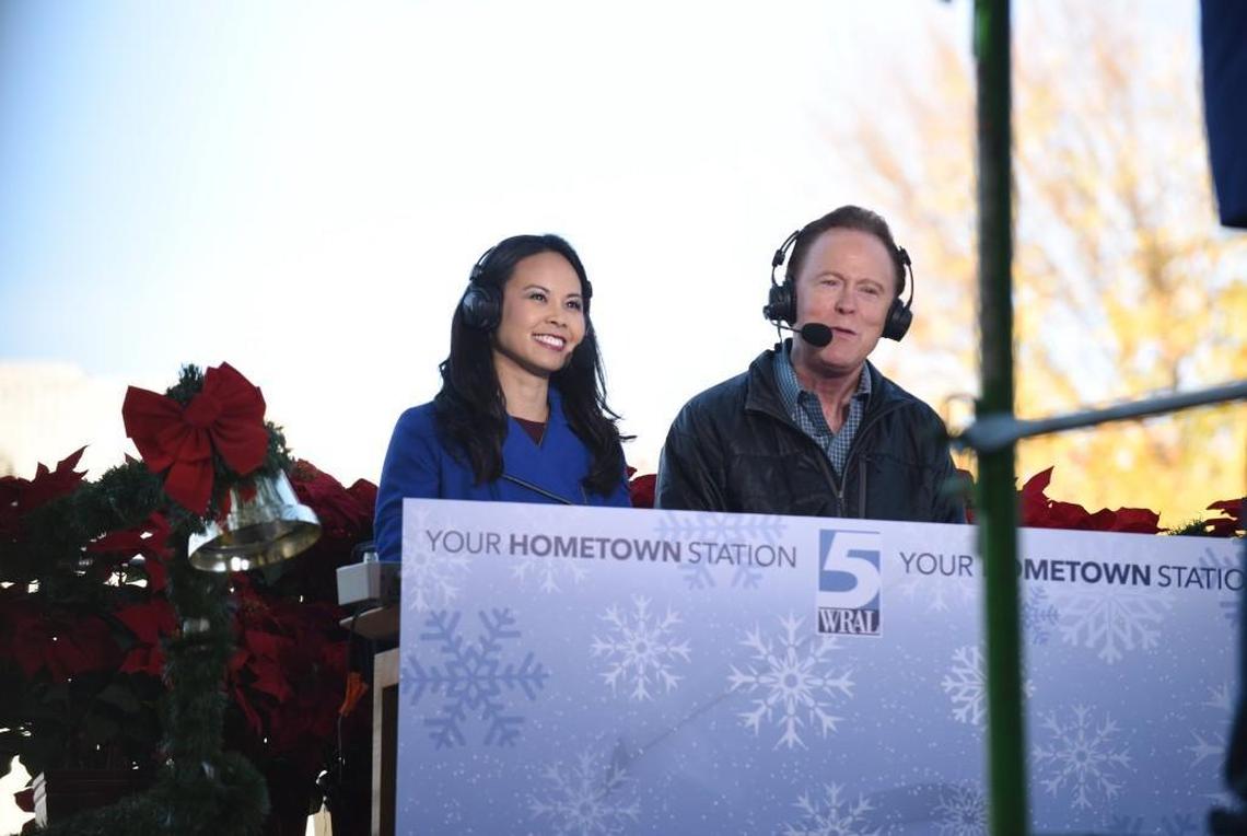 WRAL’s Renee Chou and Bill Leslie broadcast the start of the 2017 ABC11/LeithCars.com Raleigh Christmas Parade in Raleigh, N.C., on Saturday, Nov. 18, 2017.