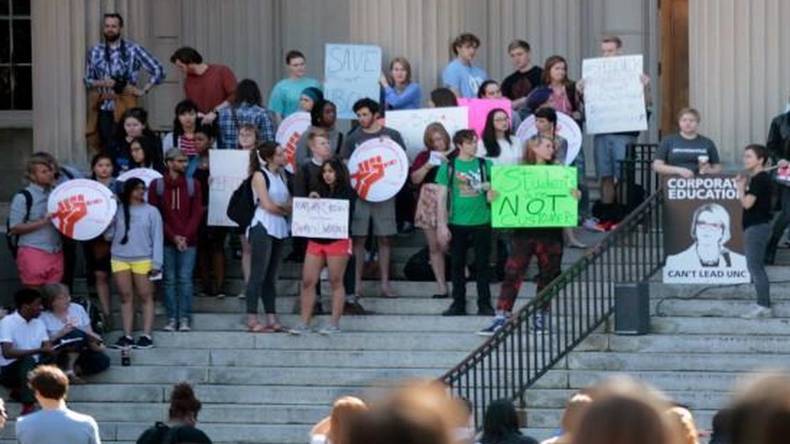 UNC student protesters speak out against the hiring of new UNC system president Margaret Spellings in March 2016.