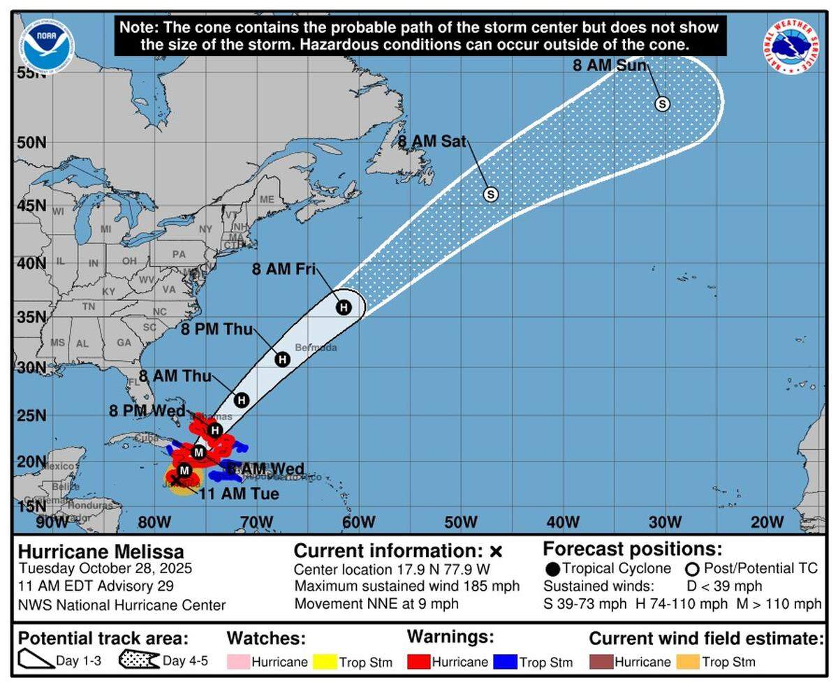 As of 11 a.m. Tuesday, Oct. 28, Hurricane Melissa was a Category 5 storm about to make landfall in Jamaica.