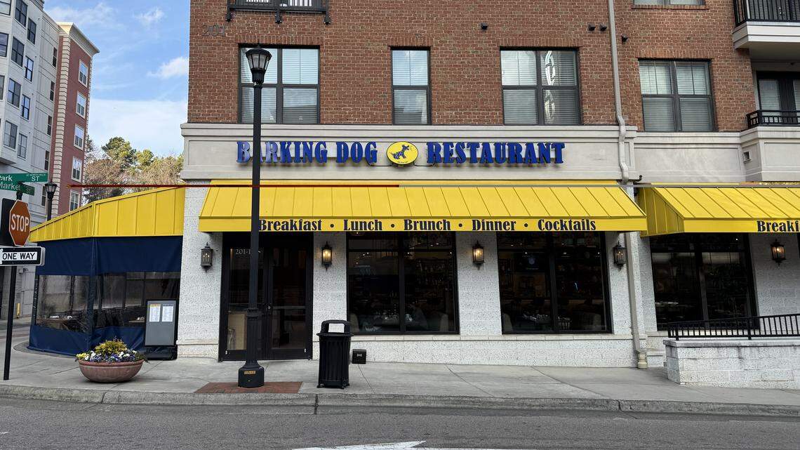 The new Barking Dog restaurant at Raleigh’s North Hills features an indoor dining room and covered outdoor patio.