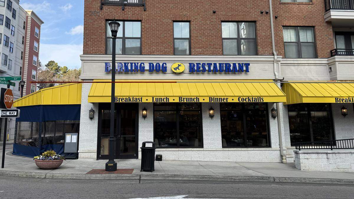 The new Barking Dog restaurant at Raleigh’s North Hills features an indoor dining room and covered outdoor patio.