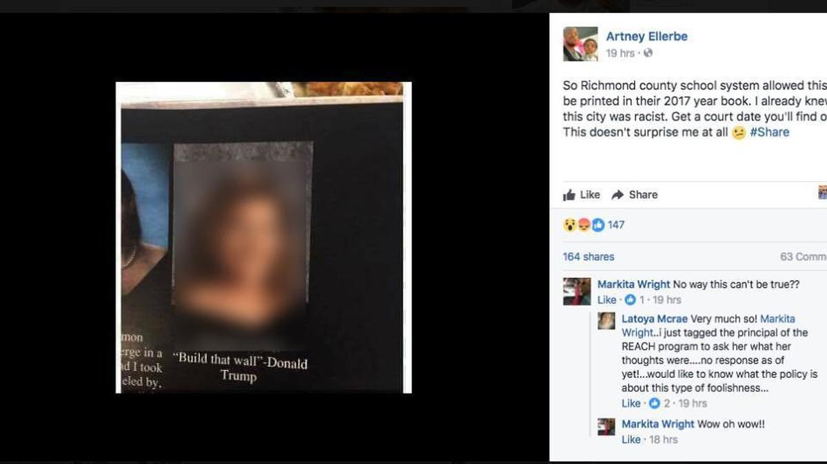 A Facebook post about the Richmond Early College High School's yearbooks, which were taken back by the school after some senior quotes, including this one, were deemed controversial, the school system says. The student’s name and photograph were electronically blurred.