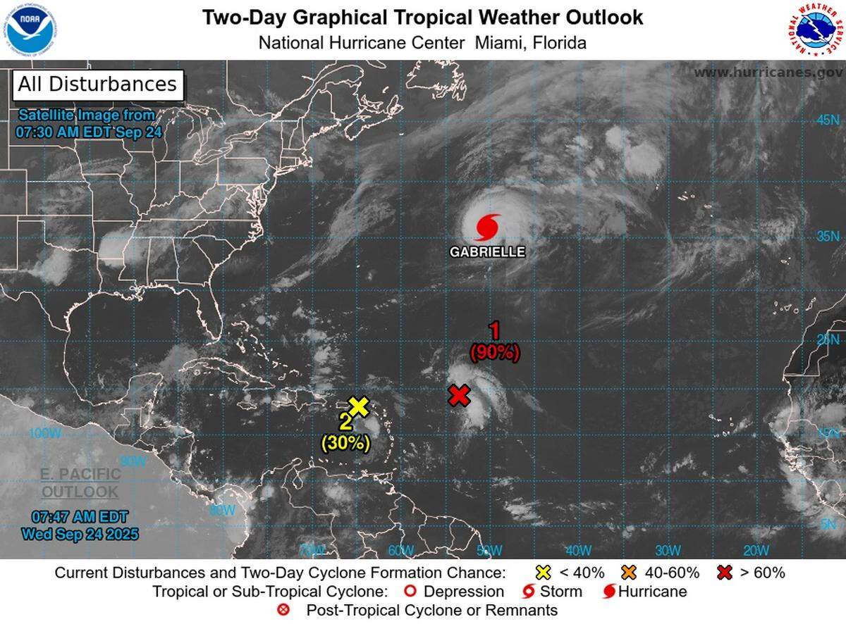 In addition to Hurricane Gabrielle, the National Hurricane Center was tracking two tropical waves in the Atlantic and Caribbean.