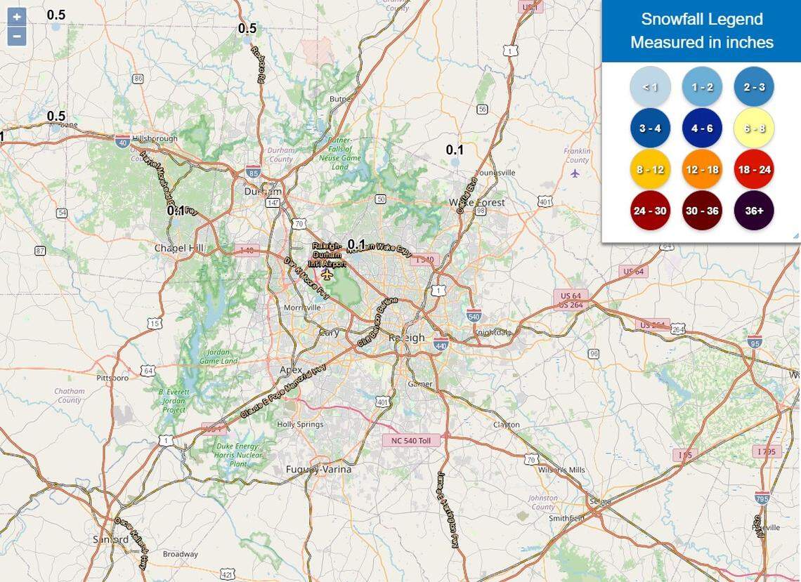 This map shows snow amounts recorded in parts of the Triangle on Sunday, Jan. 18.