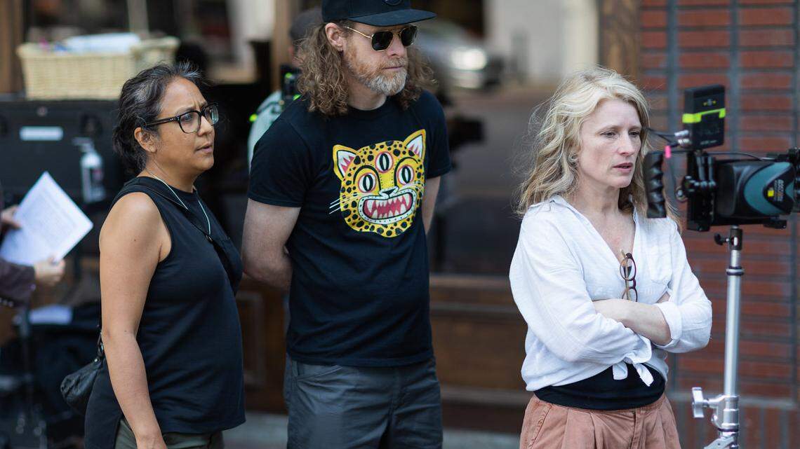 Filmmaker Cynthia Hill, right, who directs the Emmy-winning show “A Chef’s Life” starring North Carolina chef Vivian Howard, directs a commercial for Lorissa’s Kitchen, a Wisconsin-based meat snack company run by women.