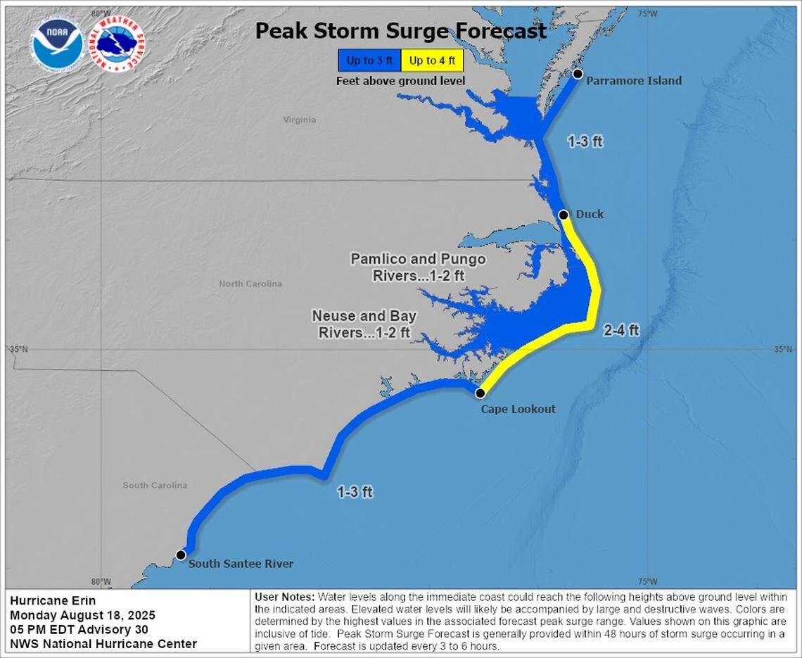 Hurricane Erin is predicted to bring coastal flooding to North Carolina, where a storm surge watch was in effect for areas between Cape Lookout and Duck.