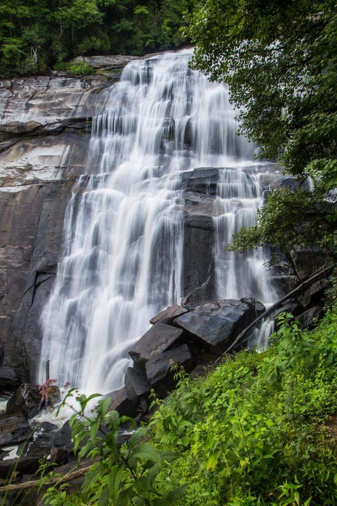 Rainbow Falls is a 125 foot waterfall located near Sapphire on the Horsepasture River in Pisgah National Forest land just outside Gorges State Park.