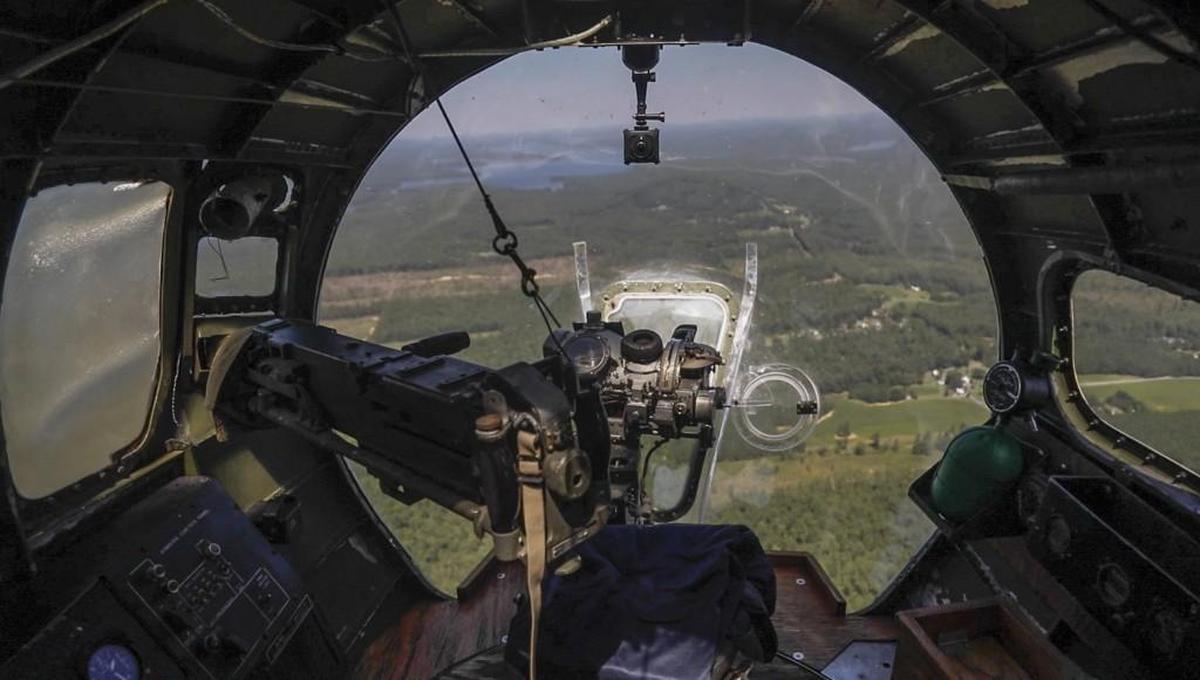 A view from the nose gun of the Madras Maiden, a restored World War II-era B-17 Flying Fortress bomber, during flight Thursday, Sept. 7, 2017. The nonprofit Liberty Foundation will be offering rides and ground tours of the bomber to the public this weekend.