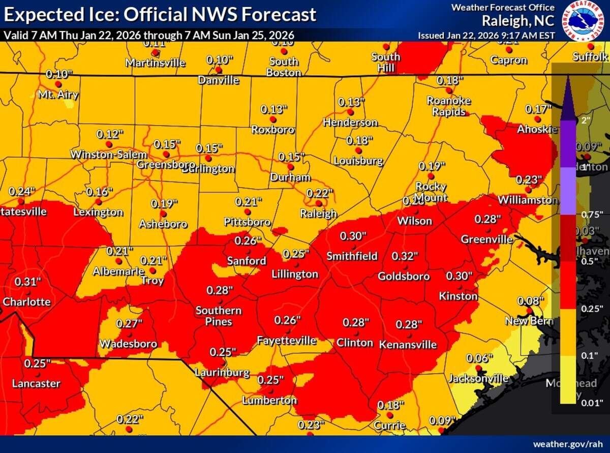 This official ice accumulation forecast from the National Weather Service calls for around 0.25 inches of ice accumulation across the Triangle.