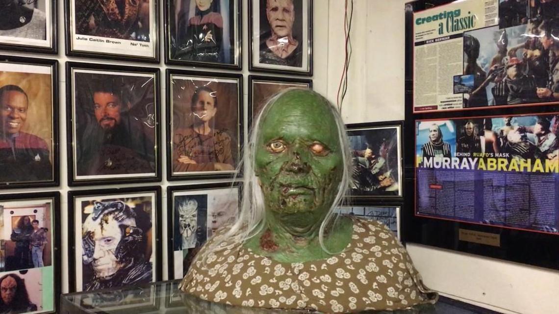 This green-faced horror movie artifact greets visitors at Hollywood Horror Show in Snow Camp. Along with a maze of spooky buildings, the haunted attraction features a museum of memorabilia collected by Dean Jones, one of a pair of brother-operators, who has won Emmys for his makeup work.