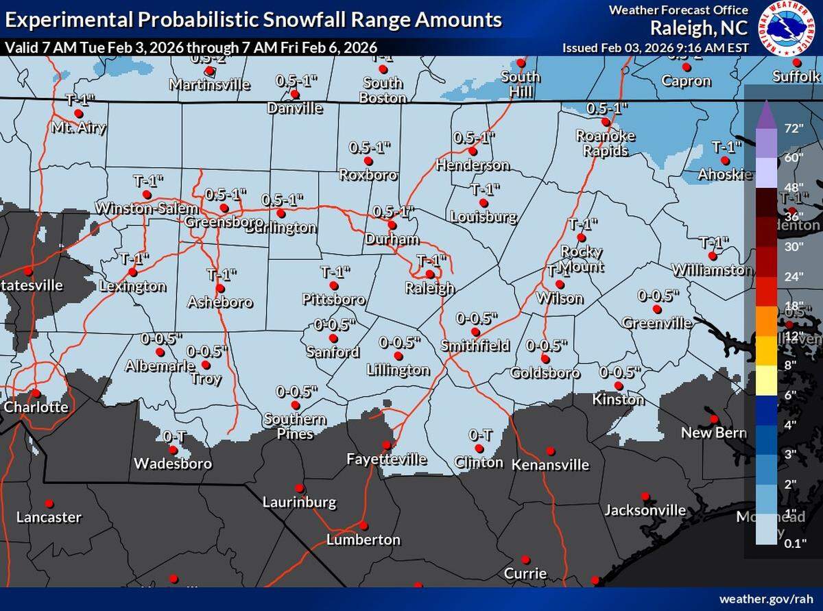 Light snow is expected across central North Carolina on Wednesday night, Feb. 4.