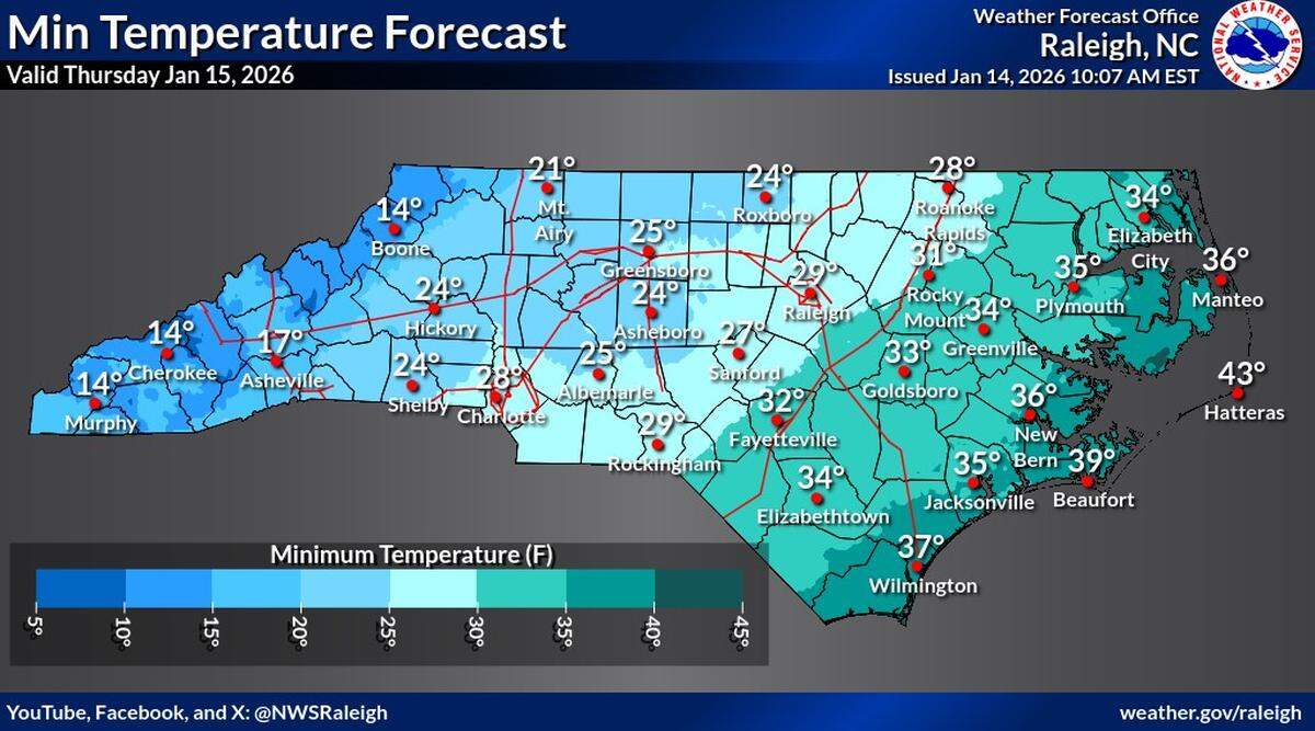 Actual temperatures in the Triangle will be cold over the next few days, but the apparent or “feels like” temperatures Thursday, Jan. 15 and Friday, Jan. 16 could dip into the low teens.