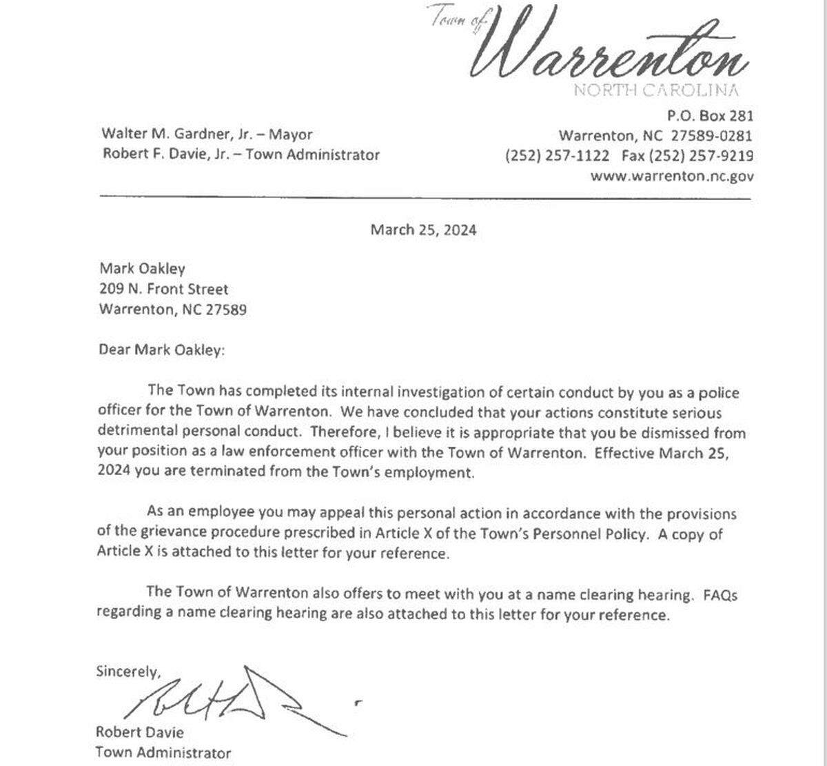 A copy of the termination letter the town of Warrenton sent Mark Oakley.