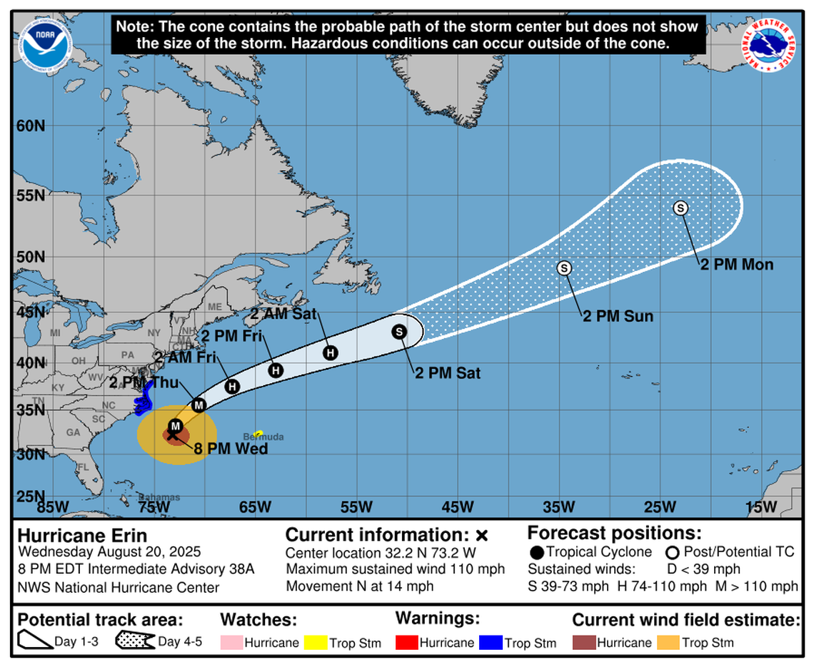 Tropical storm warnings are in effect for the North Carolina coast, as Hurricane Erin is expected to turn north and north-northeast Wednesday, Aug. 20 and overnight, staying hundreds of miles offshore between the East Coast and Bermuda.