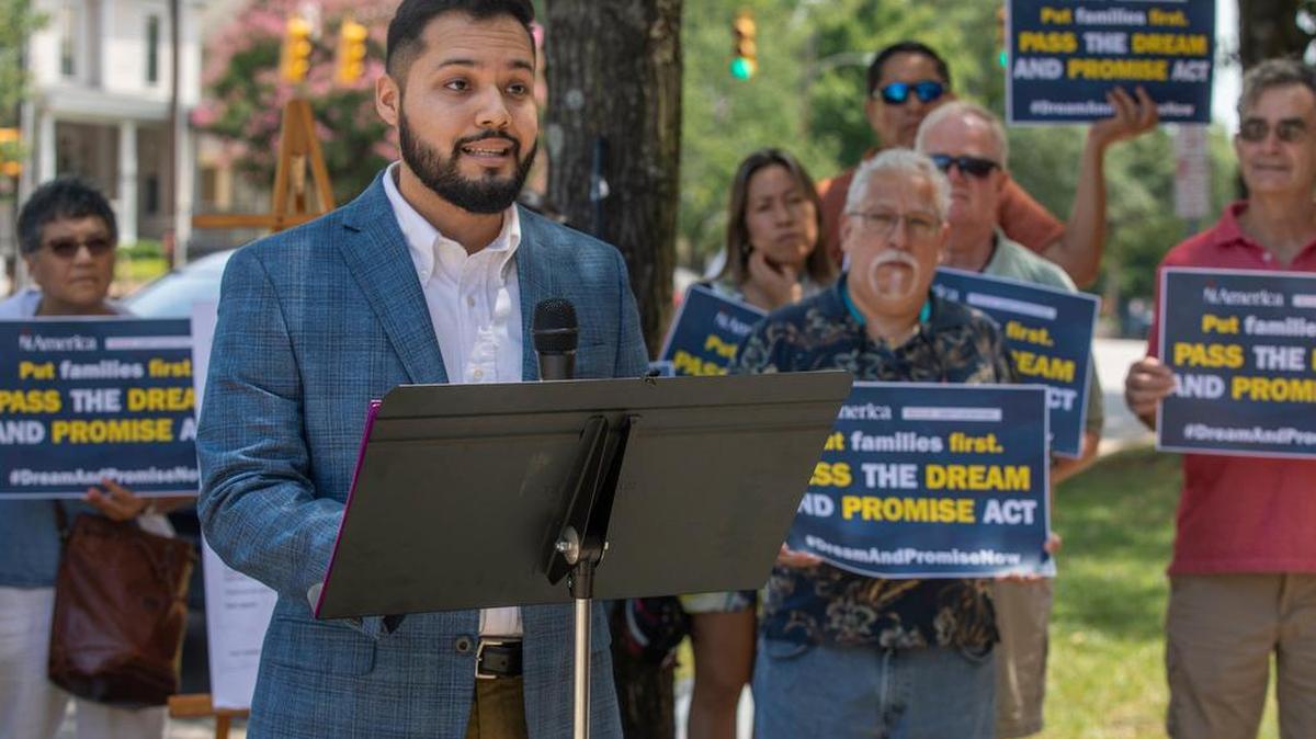 In this 2019 file photo, Christian Dueñas, a DACA recipient, speaks during a press conference outside Sen. Thom Tillis’ office in Raleigh to encourage Tillis to support the Dream Act. Over the last 20 years, at least 11 versions of the Dream Act have been introduced in Congress. None have become law.