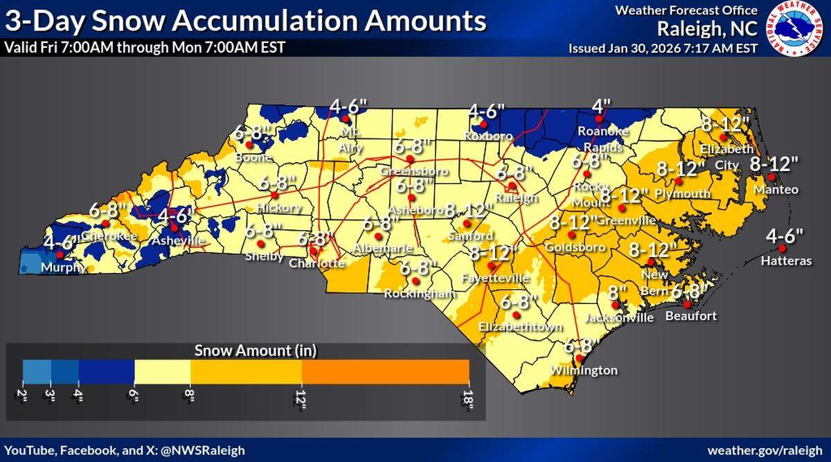 Meteorologists at the National Weather Service say the Triangle could get 6-8 inches of snow this weekend, while localized snowfall totals vary.