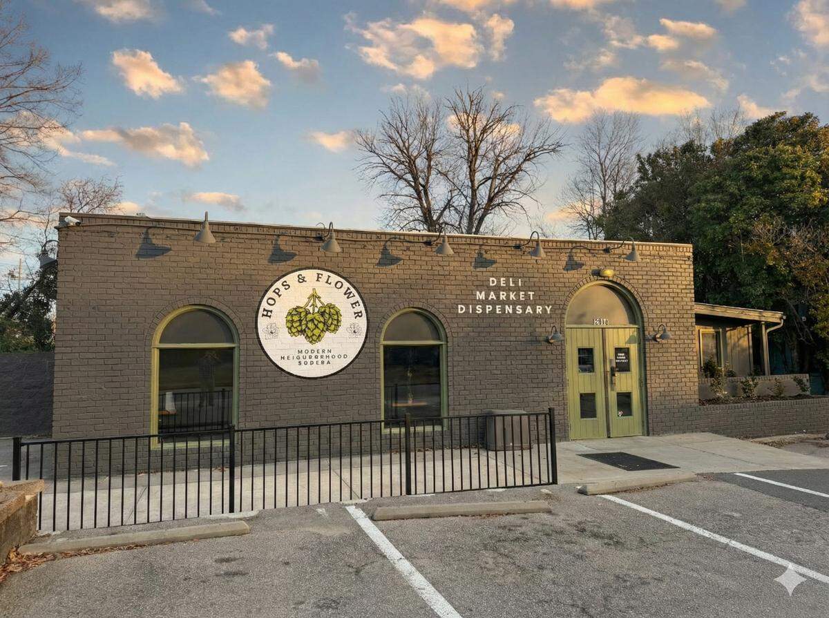 Hops & Flower moved into the former Moe’s Original BBQ on Hillsborough Road in Durham and features a logo created by Fisher Graphic Arts.