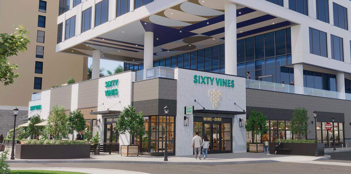 This rendering of Raleigh’s forthcoming Sixty Vines highlights the restaurant’s many windows, allowing light into the indoor dining room.
