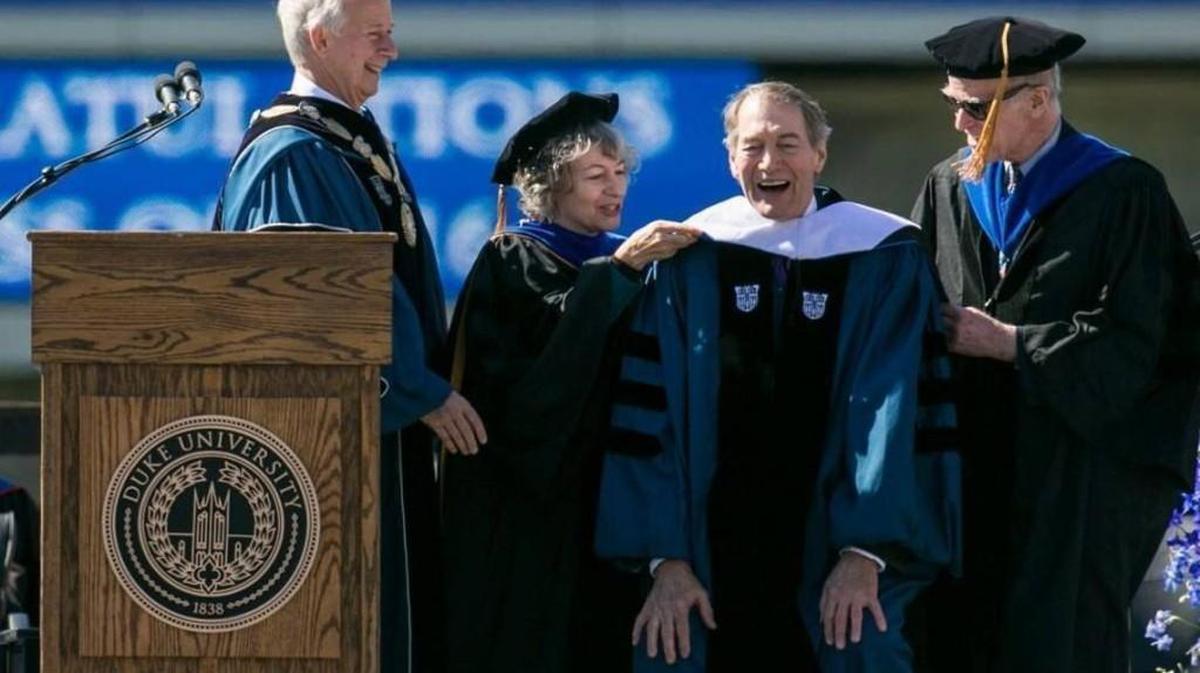 Journalist Charlie Rose, a Duke University graduate, receives an honorary degree from the university in Durham on May 15, 2016. An earlier Duke award to Rose was rescinded on Monday.