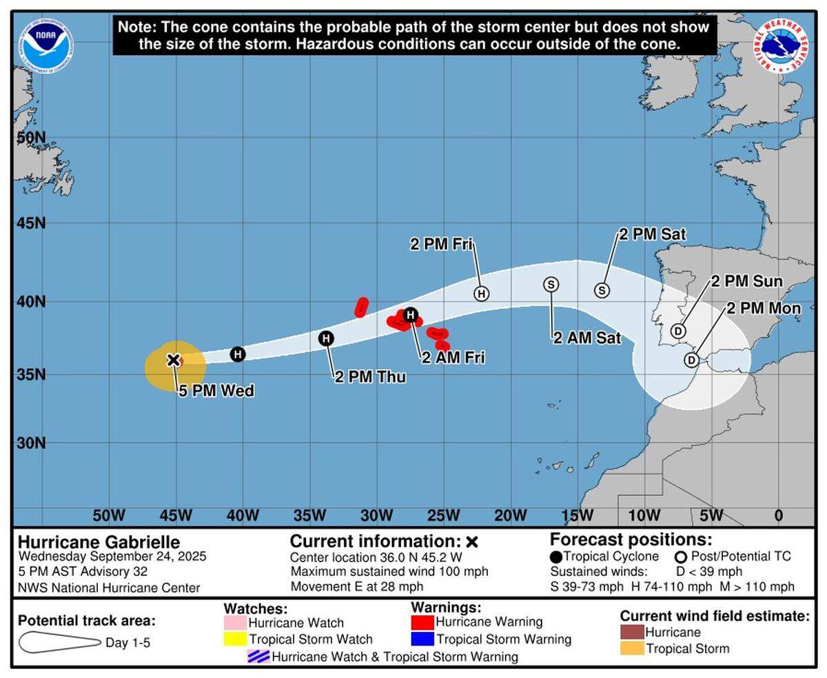As of 5 p.m. Wednesday, Sept. 24, Hurricane Gabrielle was moving east near 28 mph toward the Azores.