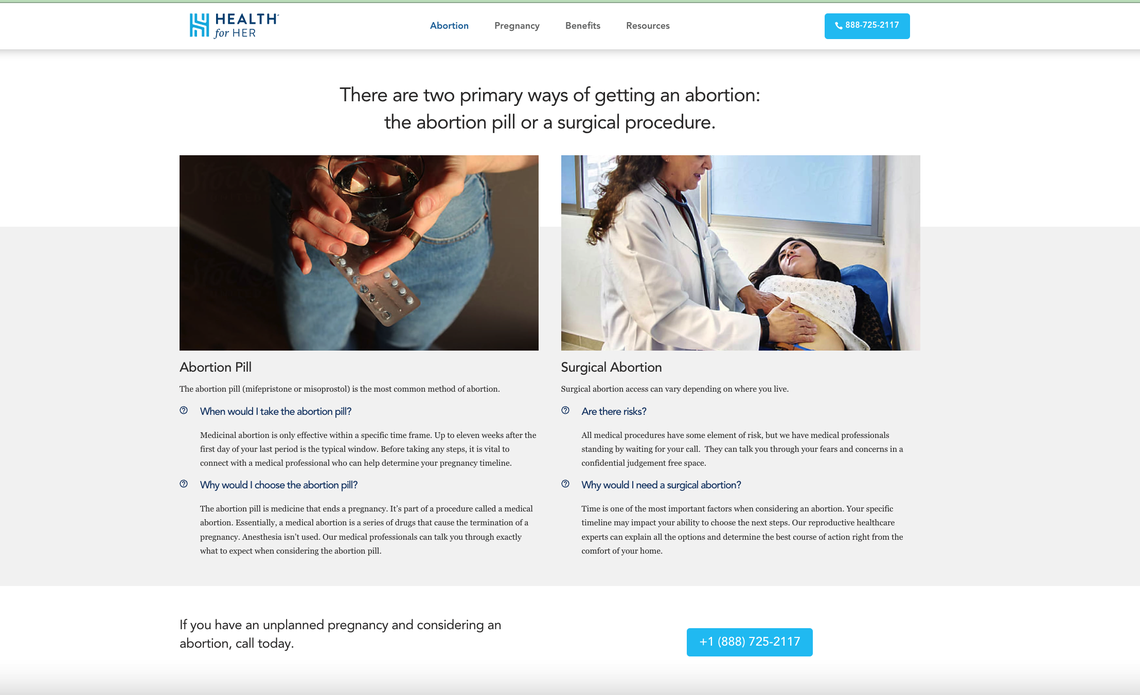 A screenshot of the “Health for Her” website, which is affiliated with Human Coalition.