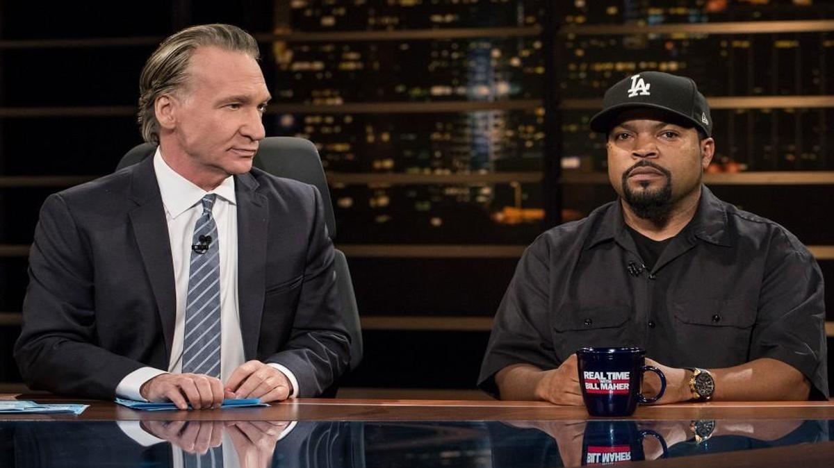 Bill Maher, left, appears with actor-rapper Ice Cube during Friday night’s taping of ‘Real Time with Bill Maher’ in Los Angeles. The show airs on HBO.