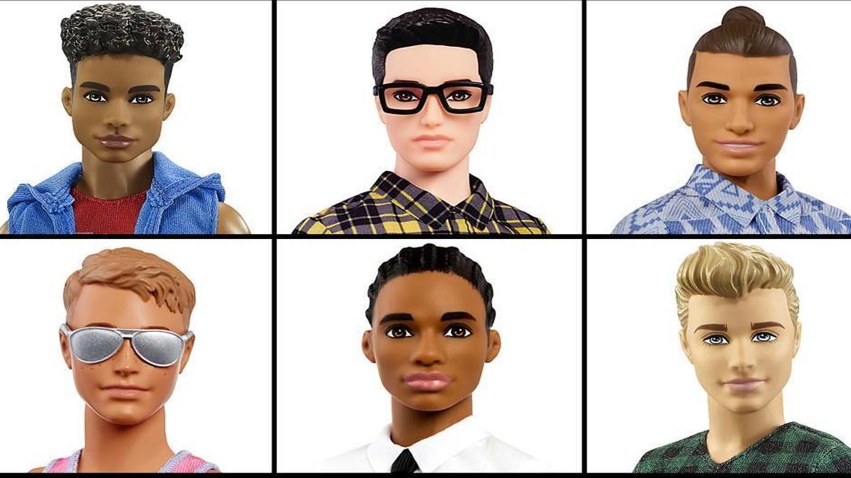 This photo combo of images provided by Mattel shows a variety of Ken dolls now available from Mattel. Mattel announced Tuesday that the company is introducing 15 new looks for the male doll, giving him new skin tones, body shapes and hair styles.